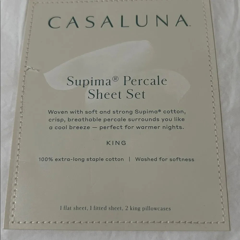 Casaluna King 100% Cotton Percale Sheet Set White, King Size, NWT